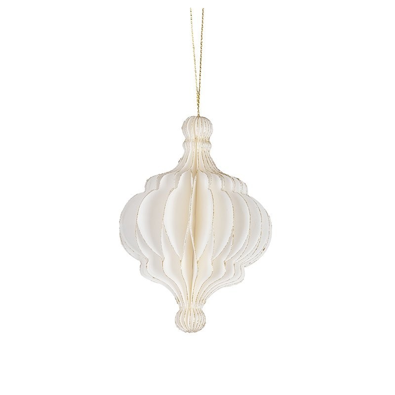 Boule de Noël plissée forme bulbe blanche Ø7 H.10 cm  liseré doré - grossiste en boules de Noël pour fleuristes