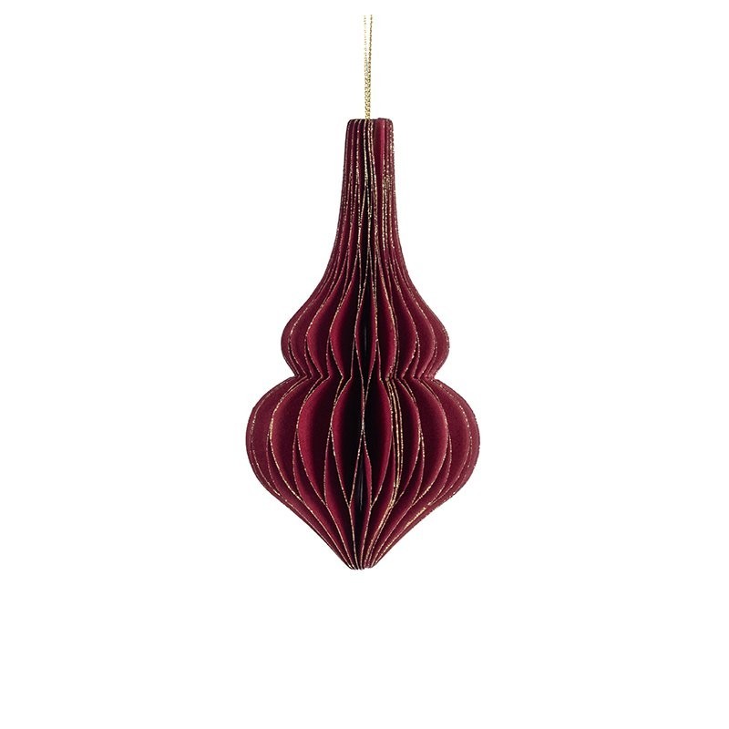 Boule de Noël plissée forme goutte bordeaux Ø7 5 H.15 cm  liseré doré - grossiste en boules de Noël pour fleuristes