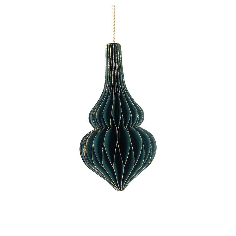Boule de Noël plissée forme goutte verte Ø7 5 H.15 cm  liseré doré - grossiste en boules de Noël pour fleuristes