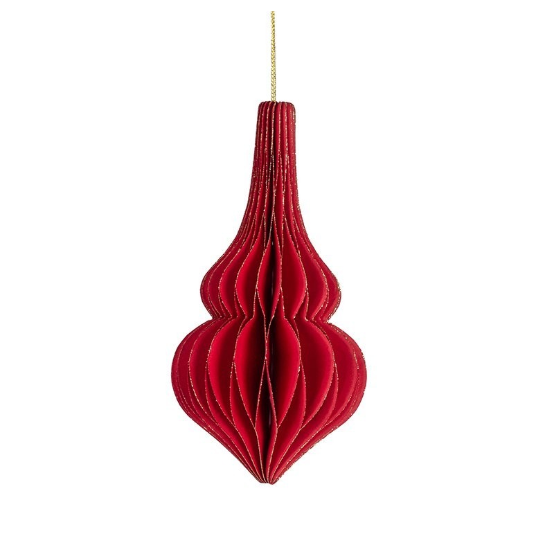 Boule de Noël plissée forme goutte rouge Ø7 5 H.15 cm  liseré doré - grossiste en boules de Noël pour fleuristes