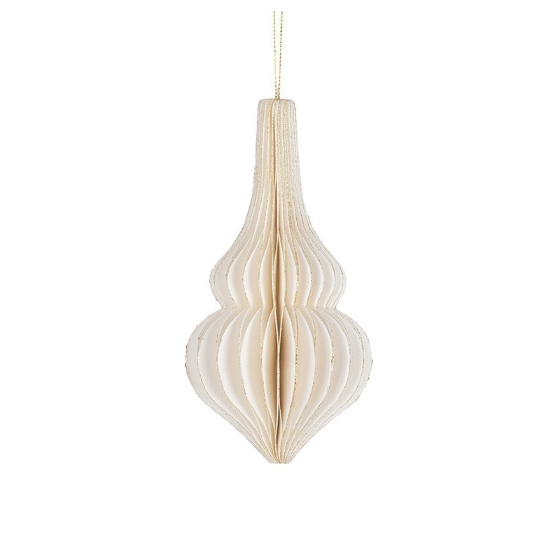 Boule de Noël plissée forme goutte blanche Ø7 5 H.15 cm  liseré doré - grossiste en boules de Noël pour fleuristes