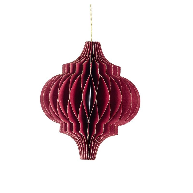 Boule de Noël plissée forme lanterne bordeaux Ø12 5 H.15 cm  liseré doré - grossiste en boules de Noël pour fleuristes
