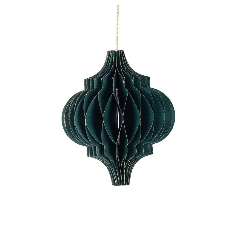 Boule de Noël plissée forme lanterne verte Ø12 5 H.15 cm  liseré doré - grossiste en boules de Noël pour fleuristes