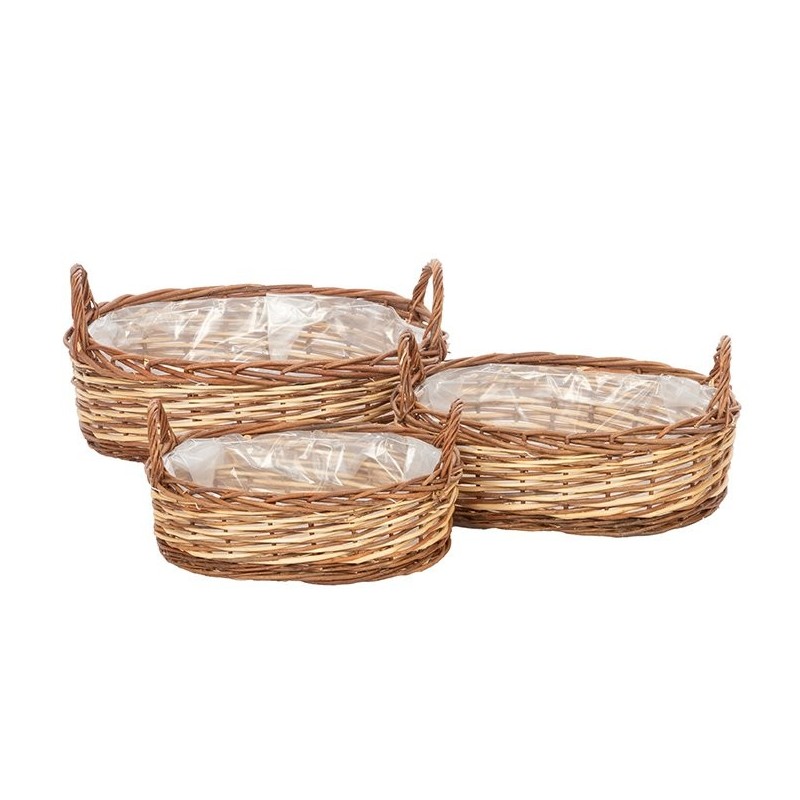 Corbeille ovale basse bicolore à anses  lot de 3  grossiste en vannerie pour fleuristes
