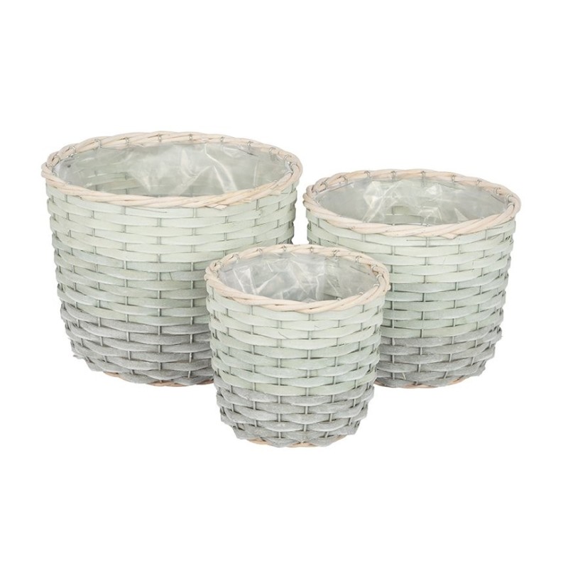 Cache-pot rond en osier vert grisé  lot de 3  grossiste en cache-pots pour fleuristes