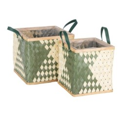 Panier carré en bois vert et naturel à anses  lot de 2  vente en gros pour fleuristes