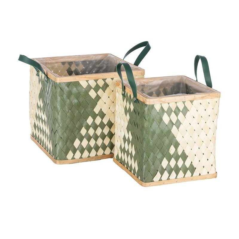 Panier carré en bois vert et naturel à anses  lot de 2  vente en gros pour fleuristes