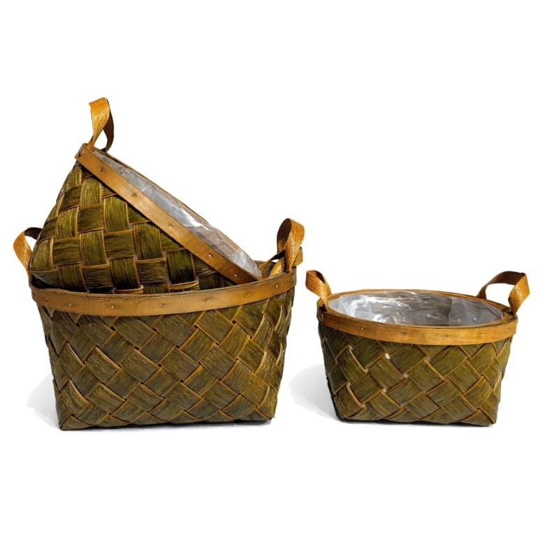 Panier rond bas en bois tressé brun à anses  lot de 3  grossiste en vannerie pour fleuristes