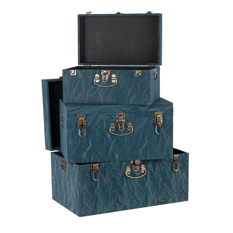 Malle rectangulaire en tissu bleu canard  lot de 3 - grossiste en décoration de vitrine