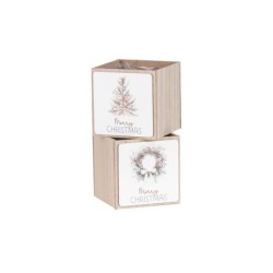 Caisse carrée de Noël en bois blanc 10 x 10 H.10 cm - 2 décors assortis - grossiste en caisses de Noël