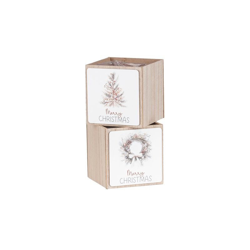 Caisse carrée de Noël en bois blanc 10 x 10 H.10 cm - 2 décors assortis - grossiste en caisses de Noël