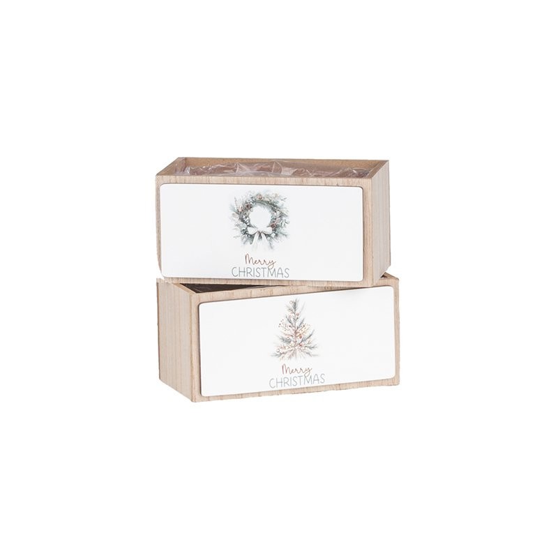 Caisse rectangulaire de Noël en bois blanc 15 x 8 H.7 5 cm - 2 décors assortis - grossiste en caisses de Noël