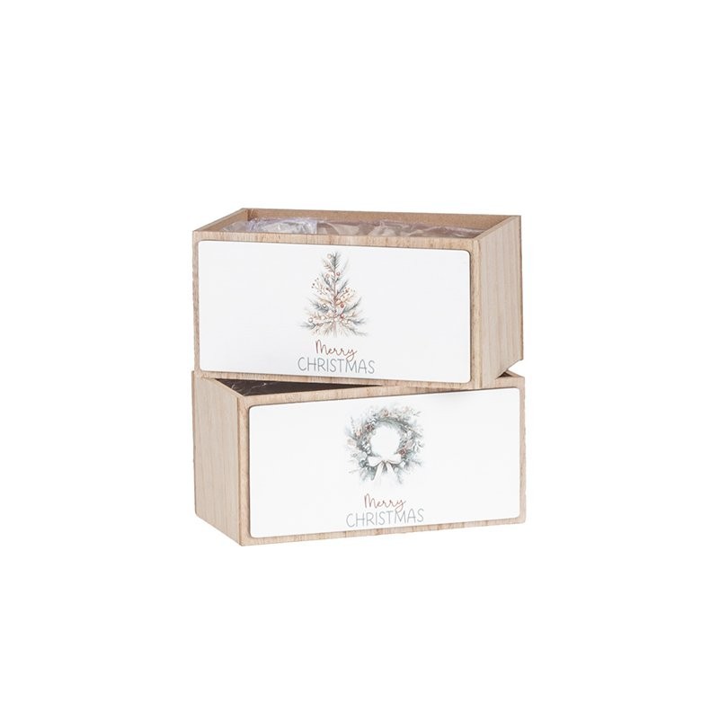 Caisse rectangulaire de Noël en bois blanc 18 x 10 H.9 cm - 2 décors assortis - grossiste en caisses de Noël
