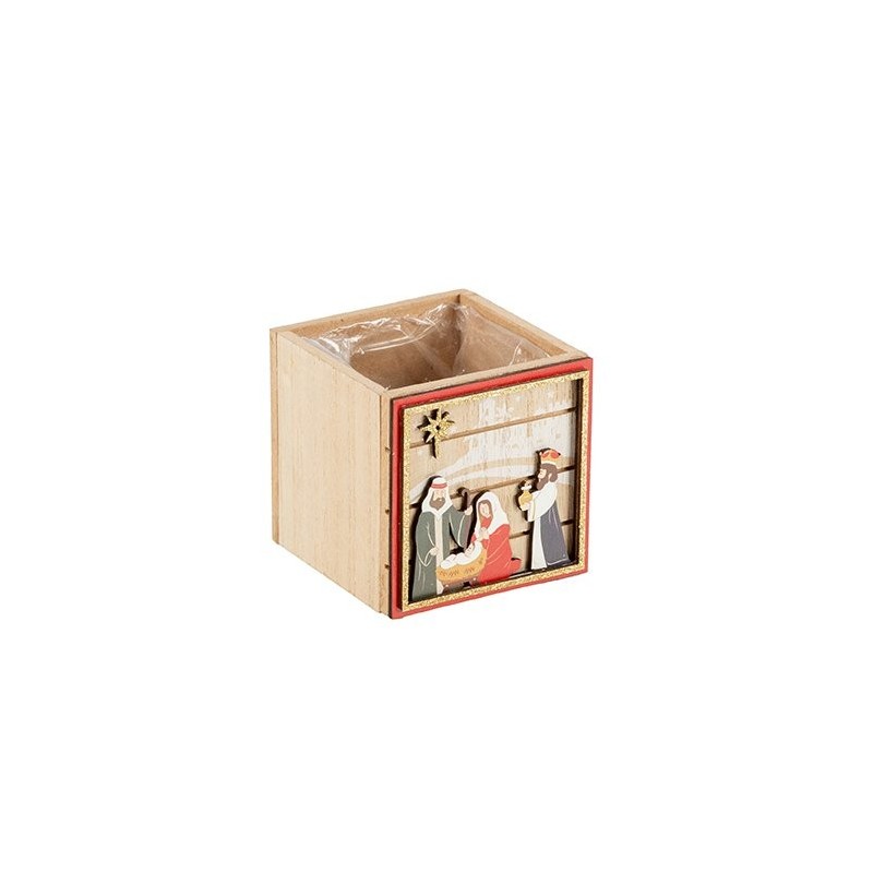 Cache-pot cube Nativité rois mages en bois 8 x 8 H.8 cm - grossiste en cache-pots de Noël