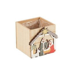 Cache-pot cube crèche de Noël en bois 10 x 10 H.10 cm - grossiste en contenants de Noël