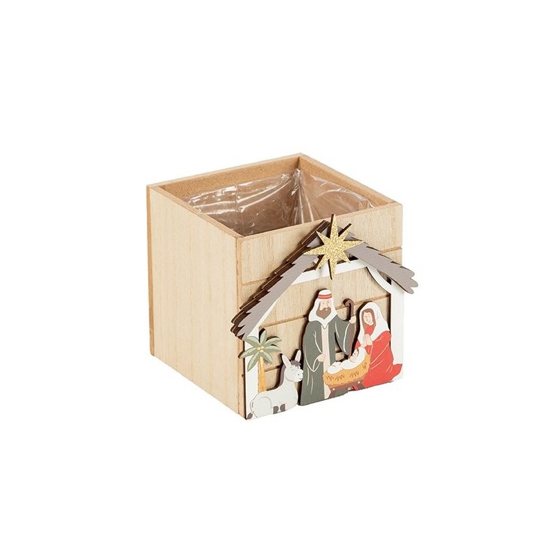 Cache-pot cube crèche de Noël en bois 10 x 10 H.10 cm - grossiste en contenants de Noël