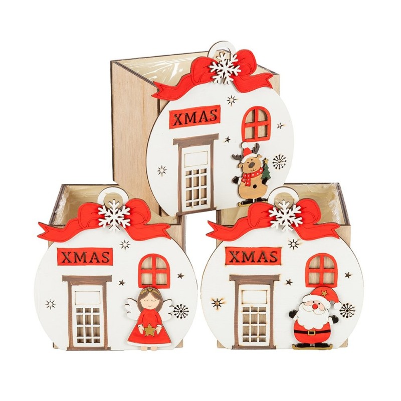 Cache-pot cube boule de Noël XMAS en bois 12 x 12 H.12 cm - 3 décors assortis - grossiste en cache-pots de Noël