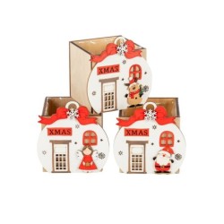 Cache-pot cube boule de Noël XMAS en bois 10 x 10 H.10 cm - 3 décors assortis - grossiste en cache-pots de Noël