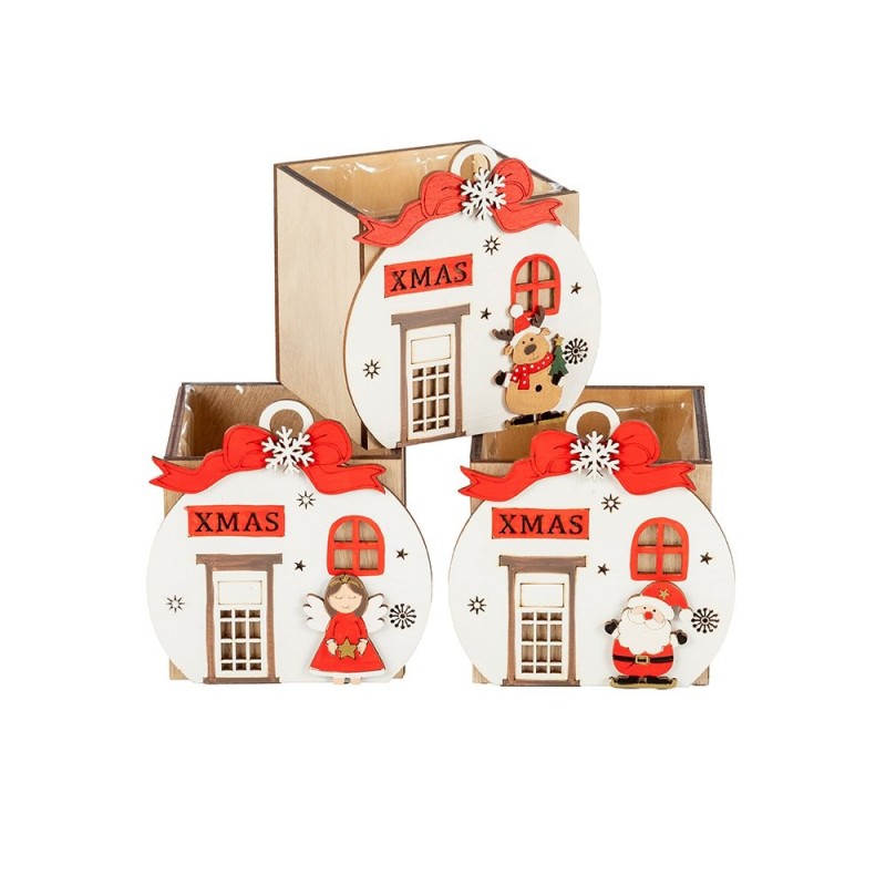 Cache-pot cube boule de Noël XMAS en bois 10 x 10 H.10 cm - 3 décors assortis - grossiste en cache-pots de Noël