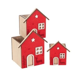 Cache-pot maison de Noël rouge en bois  lot de 3 - grossiste en cache-pots de Noël