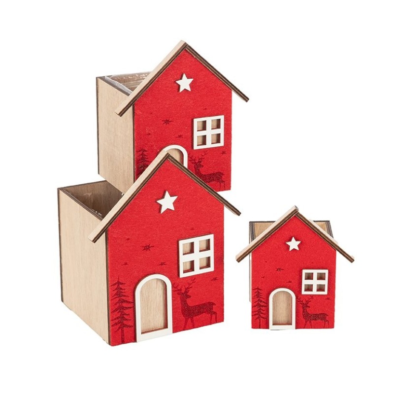 Cache-pot maison de Noël rouge en bois  lot de 3 - grossiste en cache-pots de Noël