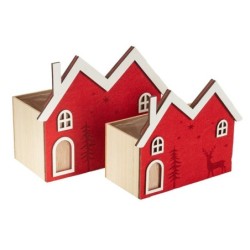 Jardinière double maison de Noël rouge en bois  lot de 2 - grossiste en contenants de Noël