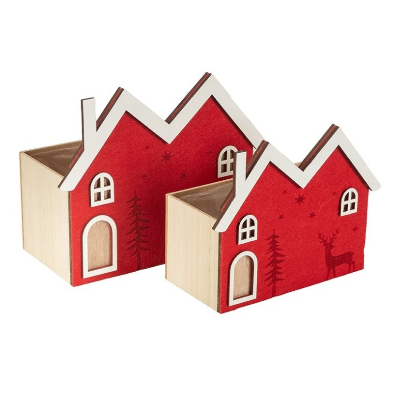 Jardinière double maison de Noël rouge en bois  lot de 2 - grossiste en contenants de Noël