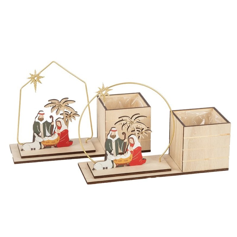 Cache-pot cube et scène de la Nativité en bois 24 x 8 H.15 cm - grossiste en décoration de Noël