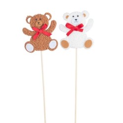 Pique ourson marron et blanc  lot de 6 - grossiste en piques pour fleuristes