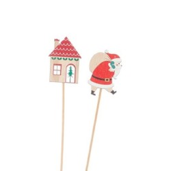 Pique Père Noël et maison 5 x 7 cm H.50 cm lot de 12 - grossiste en décoration de Noël pour fleuristes
