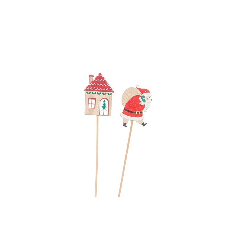 Pique Père Noël et maison 5 x 7 cm H.50 cm lot de 12 - grossiste en décoration de Noël pour fleuristes