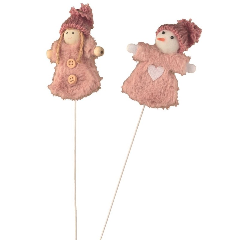 Pique bonhomme de neige et fillette rose H.35 cm lot de 12 - vente en gros pour fleuristes