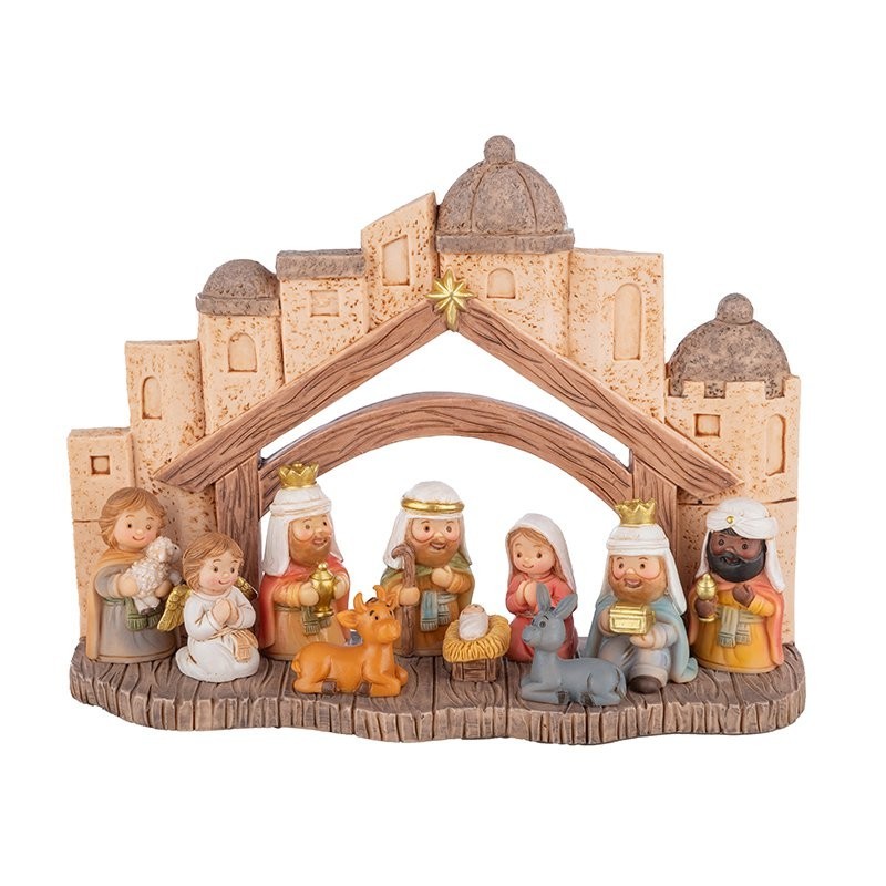 Crèche de Noël avec Rois mages et paysage 22 5 x 7 H.17 cm - vente en gros pour fleuristes