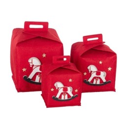 Boîte cadeau carrée en tissu cheval à bascule rouge  lot de 3  grossiste en emballage de Noël