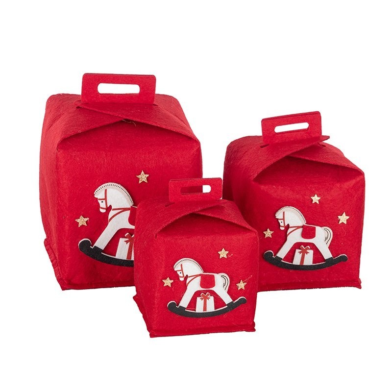 Boîte cadeau carrée en tissu cheval à bascule rouge  lot de 3  grossiste en emballage de Noël