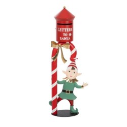 Elfe avec boîte aux lettres du Père Noël rouge en métal  grossiste en décoration de vitrine de Noël