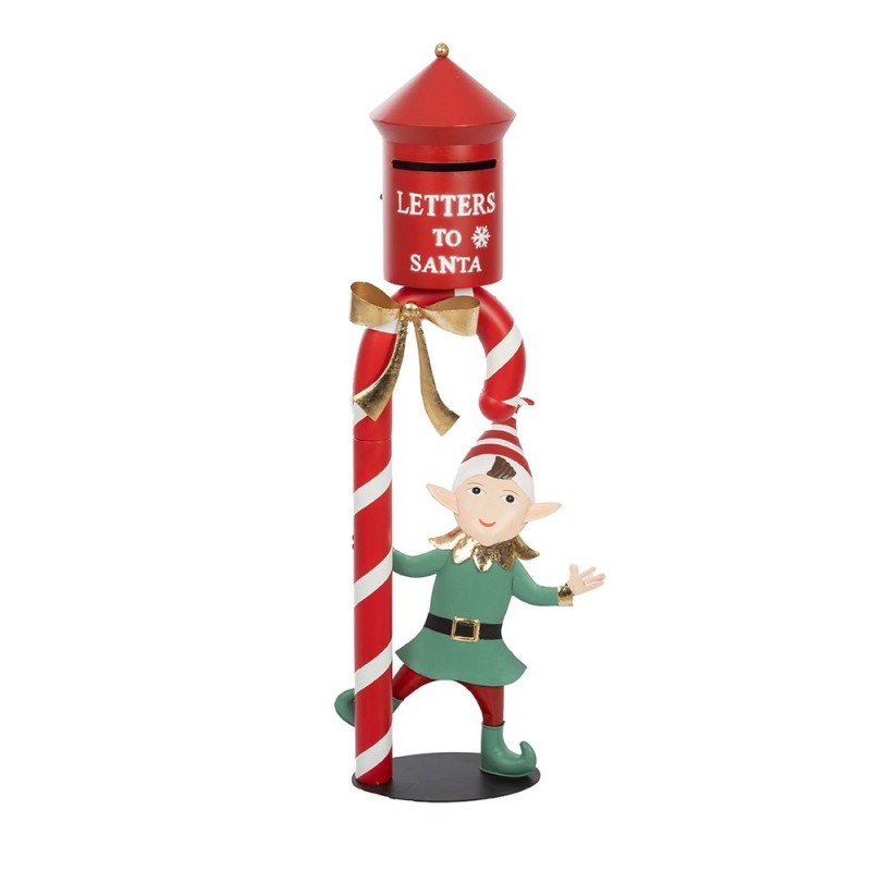 Elfe avec boîte aux lettres du Père Noël rouge en métal  grossiste en décoration de vitrine de Noël