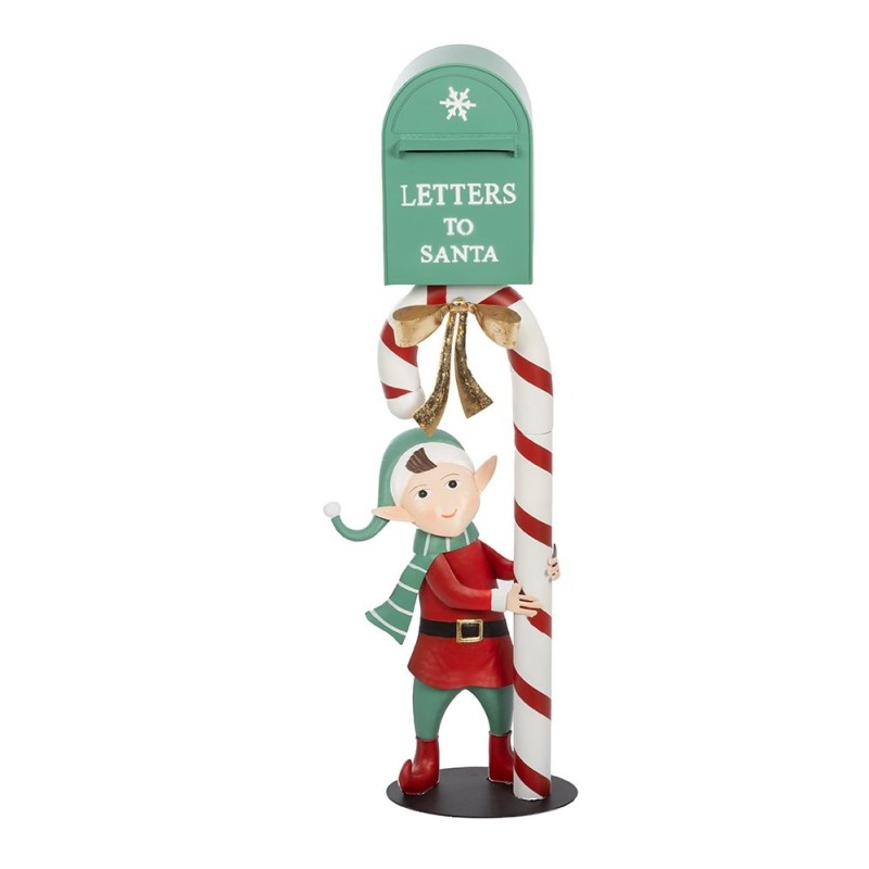Elfe avec boîte aux lettres du Père Noël verte en métal  grossiste en décoration de Noël