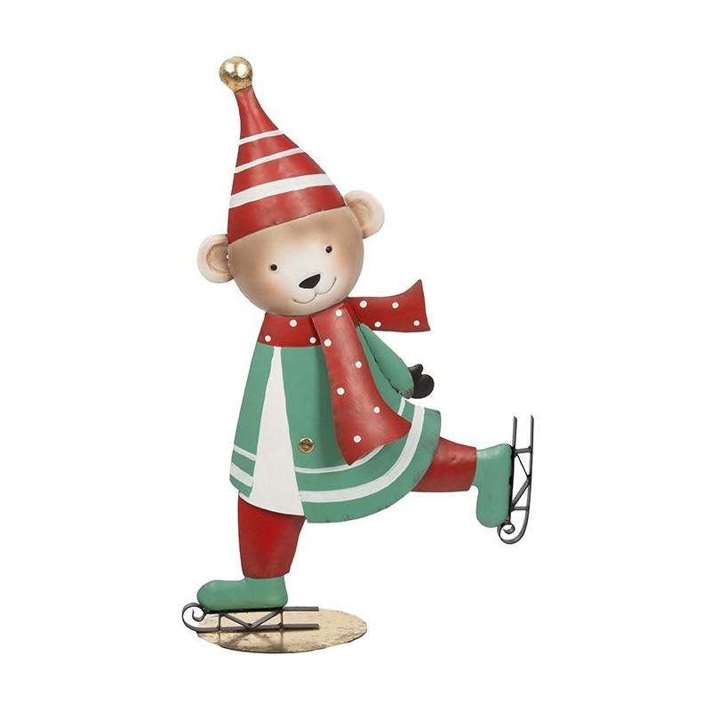 Ourson patineur bonnet rouge en métal H.61 cm  grossiste en personnages de Noël pour fleuristes