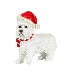 Chien blanc de Noël au bonnet en résine H.36 cm  grossiste en personnages de Noël pour fleuristes