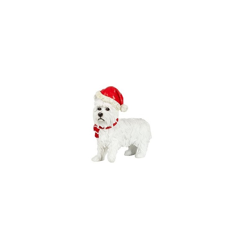 Chien blanc de Noël au bonnet en résine H.36 cm  grossiste en personnages de Noël pour fleuristes