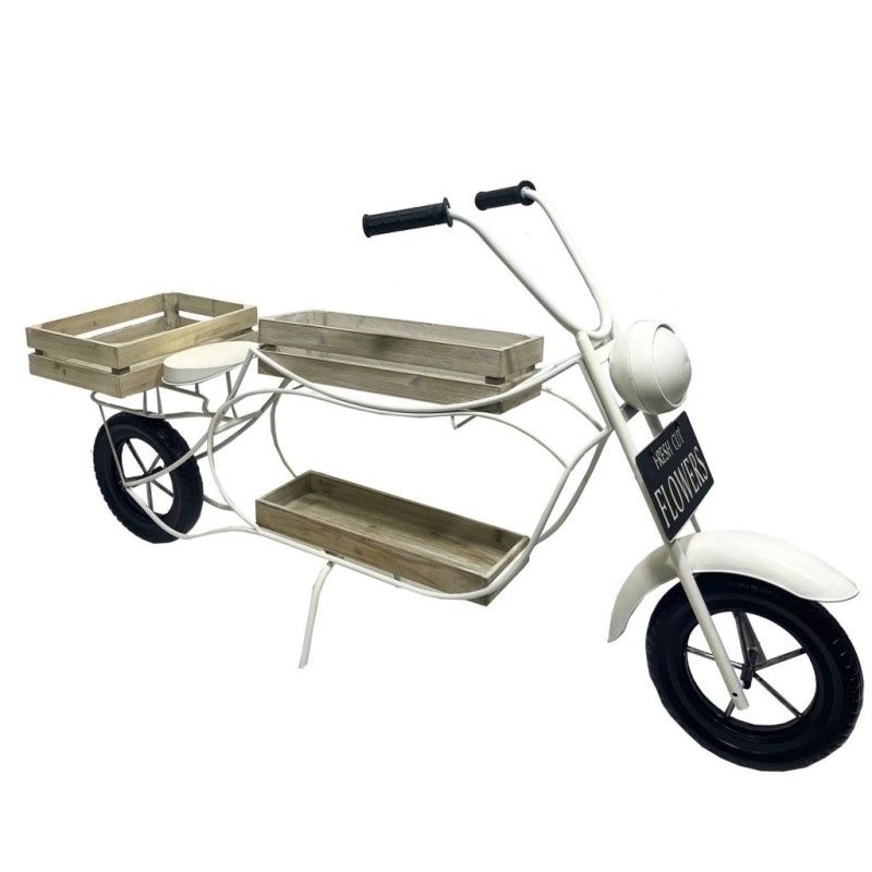 Moto porte-fleurs blanche en bois et métal 158 cm  présentoir vente en gros pour fleuristes