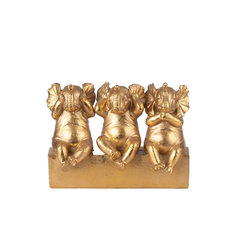 Statuette 3 éléphants assis dorés en résine 23 x 9 H.18 cm - grossiste en objets de décoration