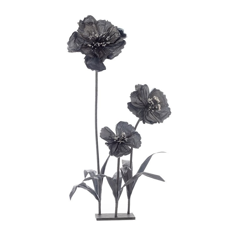 Bouquet de 3 fleurs géantes noires sur socle H.110 cm - grossiste en décoration de vitrine