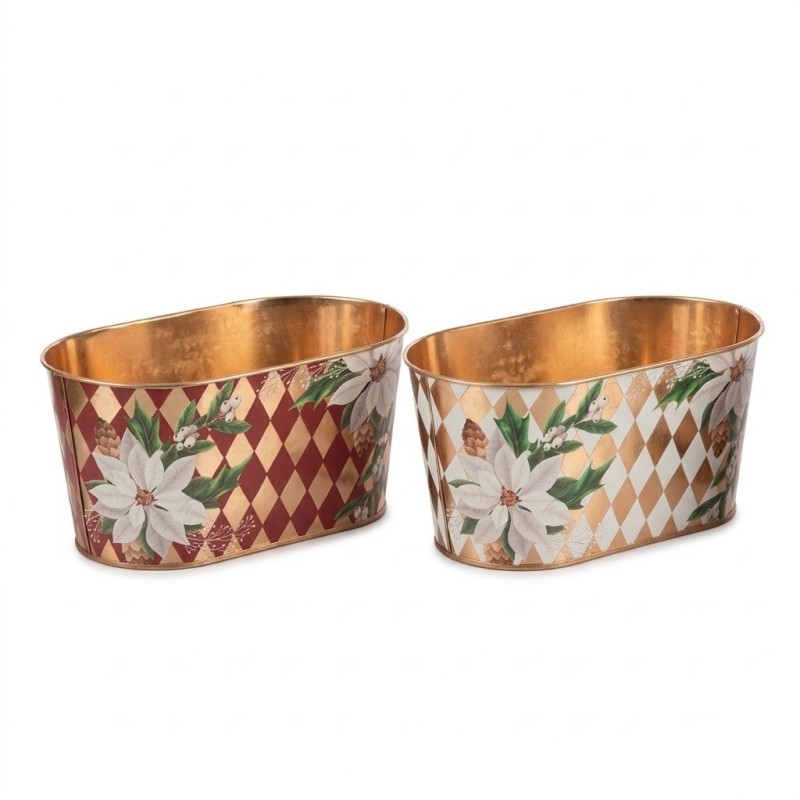 Jardinière ovale étoiles de Noël et losanges en fer-blanc 22 5 x 13 5 H.11 cm - grossiste en contenants de Noël