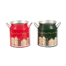 Pot à lait village de Noël en fer-blanc Ø21 H.18 5 cm - grossiste en contenants de Noël