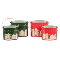 Set de 2 seaux ovales à anse village de Noël en fer-blanc - grossiste en contenants de Noël