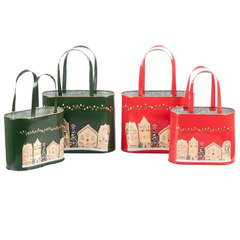 Set de 2 sacs village de Noël en fer-blanc - grossiste en contenants cadeaux de Noël