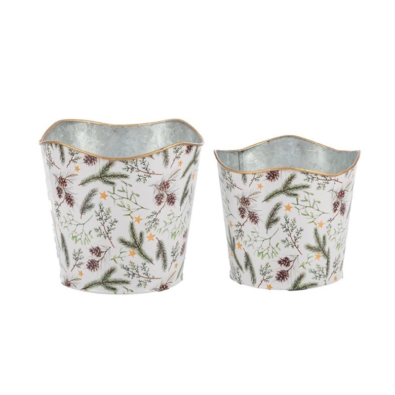 Set de 2 cache-pots bord ondulé motif pin en fer-blanc - grossiste en cache-pots de Noël