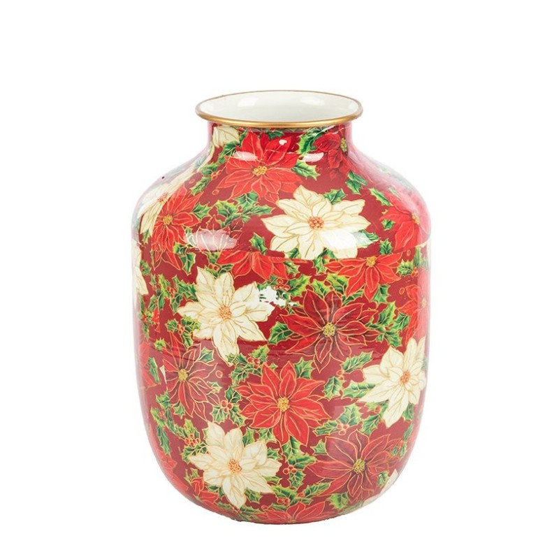 Vase bombé de Noël poinsettias à col haut en fer-blanc Ø17 H.23 5 cm  grossiste en vases de Noël